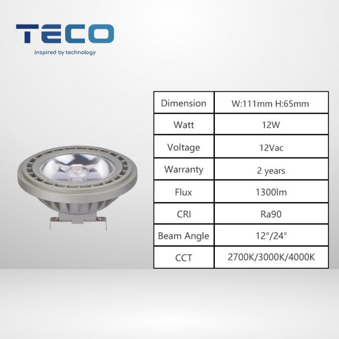 Teco 12W AR111 LED Spotlight G53 Base 3000K Warm White 12° Beam Dimmable, CRI90 CE RoHS Certified 0
